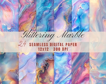 Pacchetto di carte digitali effetto marmo senza soluzione di continuità, texture glitter oro, sfondi fluid art iridescenti, download stampabile per scrapbooking.