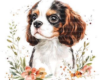 16 Floral Cavalier King Charles Spaniel Cliparts: Watercolor Puppy Art
