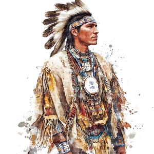 Könnte beinhalten: Aquarellmalerei eines indianischen Mannes in traditioneller Kleidung. Er trägt einen Federkopfschmuck, Perlenketten und einen Fransen-Schal. Das Kunstwerk zeigt eine neutrale Farbpalette mit Farbspritzern.