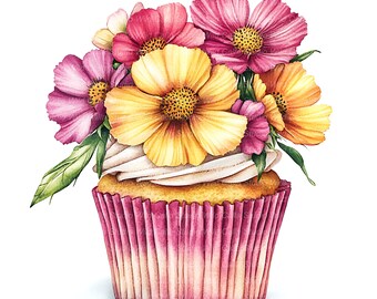 15 Floral Birthday Cupcake Cliparts: Cosmos Flowers for Cake Decor