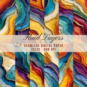 May include: A set of 24 seamless digital papers with a fluid, abstract design. The papers showcase vivid colours including blue, orange, yellow, and purple, with gold accents. The text "Fluid Layers" and paper details are displayed.