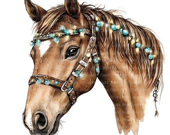 Conjunto de Clipart de Cavalos de Natal - Arte Digital em Aquarela com Tema Ocidental