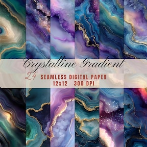 May include: A set of 24 seamless digital papers with a crystalline gradient design. The papers feature a mix of blue, purple, and gold colours, with a marbled or agate-like texture. The papers are 30.48 x 30.48 cm and 300 DPI.