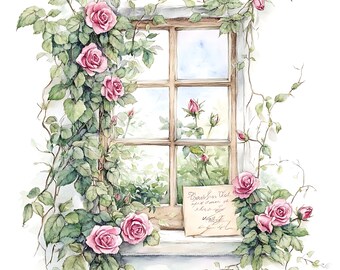 Clipart vintage di rose da finestra - Grafica floreale ad acquerello, creazione di carta per diario spazzatura - Download digitale, JPG ad alta risoluzione