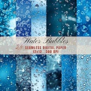 Pode incluir: Um conjunto de papéis digitais com padrões de bolhas de água azuis em vários tons. A imagem inclui o texto "Water Bubbles" e detalhes sobre o tamanho e a resolução do papel: 12x12 polegadas, 300 DPI. O conjunto contém 24 papéis digitais sem costura.