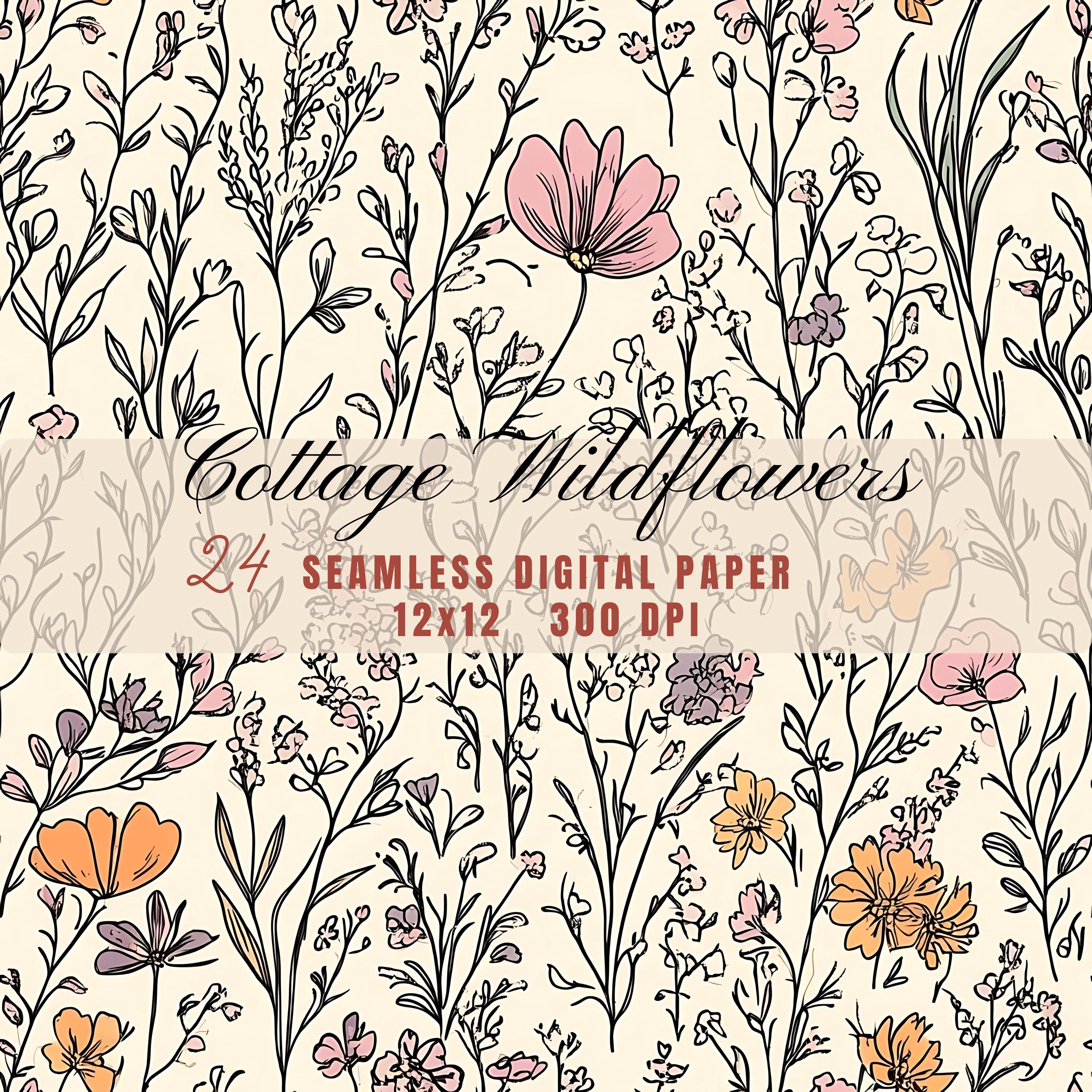 Rustic Cottagecore Wildflowers Pattern Digital Paper, Pastel Doodle Art ...