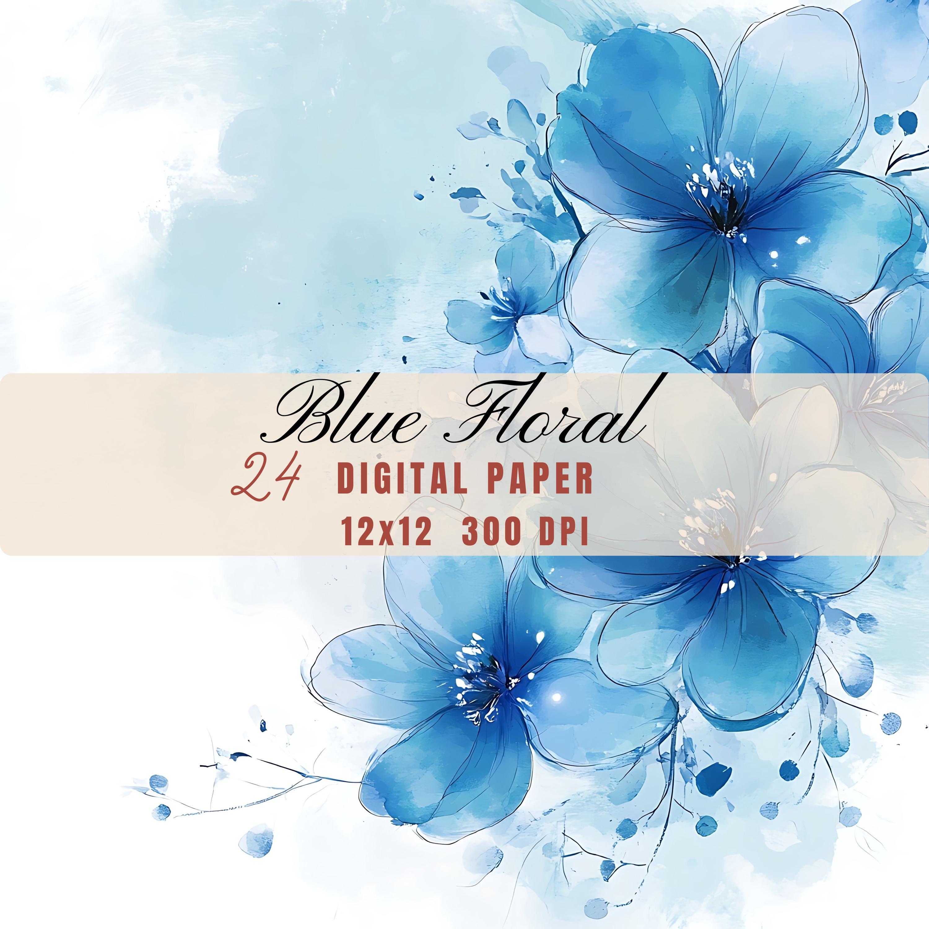 Digital Paper Pack: Blue Watercolor Flowers - Floral Scrapbook ...
