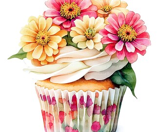 Zinnia Floral Birthday Cupcake Clipart - 14 Watercolor Cake Images
