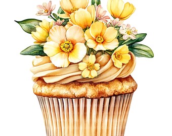12 Buttercup Floral Birthday Cupcake Cliparts: Watercolor Cake Flowers