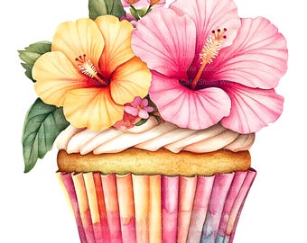 Birthday Cupcake Clipart: Hibiscus Floral Watercolor (13 Digital Images)