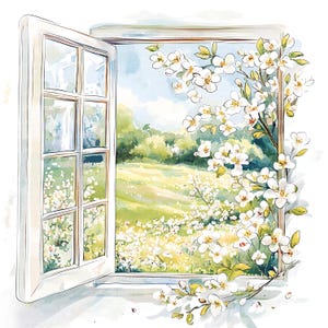 Pacchetto di clipart per finestre primaverili, 15 disegni di giardini in stile cottage ad acquerello, set digitale per sublimazione e scrapbooking ad uso commerciale.