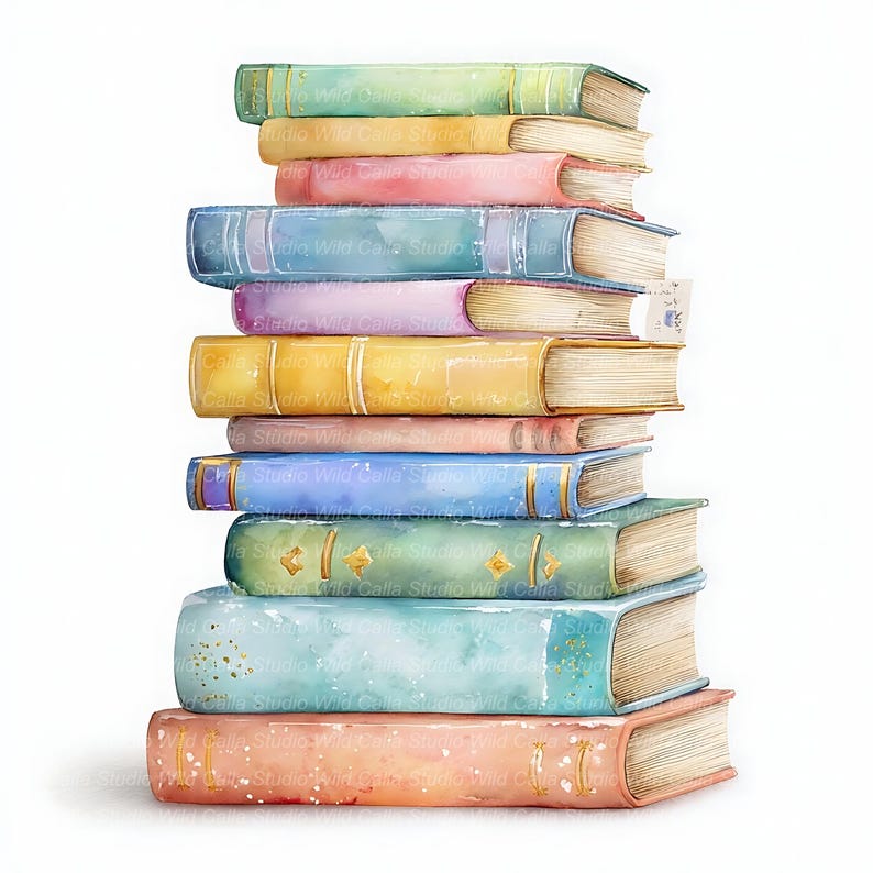 14 Watercolor Book Stack Cliparts: Pastel Junk Journal Art image 3