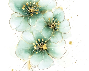 15 imagens de flores de jade: desenhos florais abstratos em aquarela dourada.