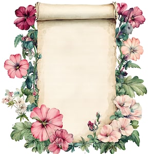 May include: A vintage-style scroll with a cream-colored paper, framed by watercolor flowers in shades of pink, purple, and green. The scroll is rolled at the top, and the floral arrangement surrounds the edges, creating a decorative border.