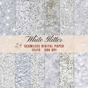 Può includere: Una collezione di 24 carte digitali senza cuciture con un design glitterato bianco. Le carte misurano 30,48 x 30,48 cm e sono a 300 DPI. Le parole "White Glitter" sono visualizzate in una scrittura elegante.