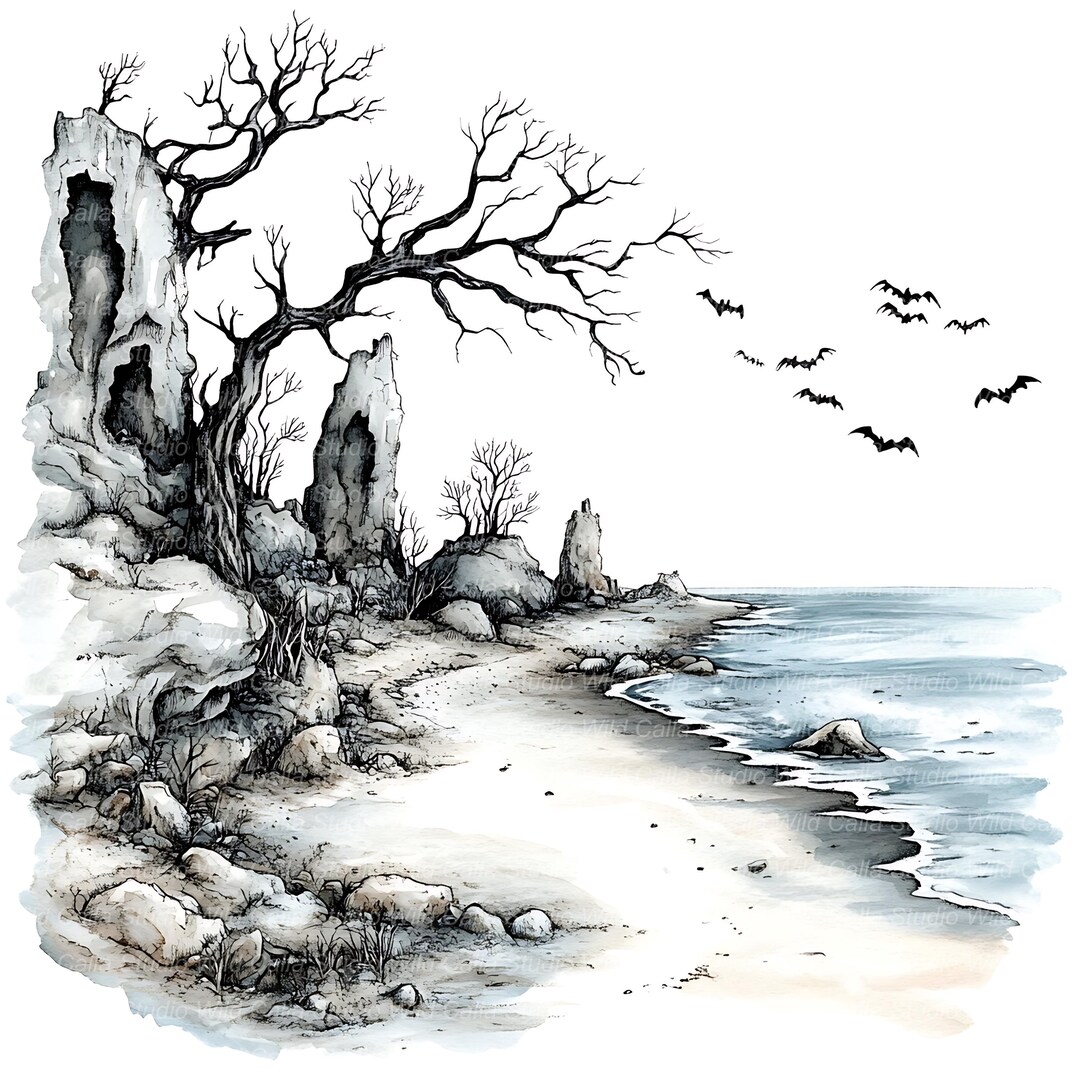 Spooky Haunted Beach Clipart - 15 Watercolor Scenes for Scrapbooking - Etsy