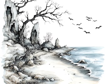 Clipart di una spiaggia infestata e spettrale - 15 scene acquerellate per scrapbooking