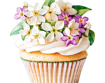 Jasmine Floral Birthday Cupcake Clipart, Watercolor Cake Flowers (13 JPG Files)