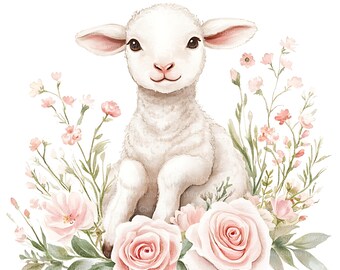 Clipart Set: 10 Lamb and Rose Watercolors - Floral Digital Download