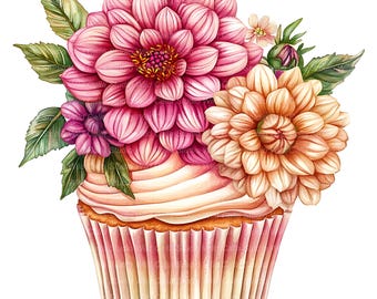 Birthday Cupcake Clipart: Dahlia Floral Cake Designs (12 Watercolor Images)
