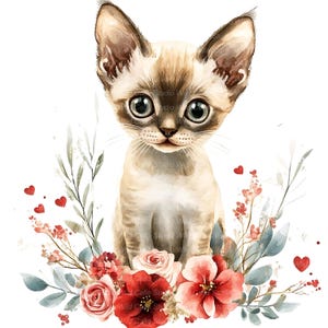 May include: Watercolor illustration of a Siamese kitten with large, expressive eyes. The cat is surrounded by a floral arrangement of red and pink flowers, green leaves, and small red hearts. The artwork has a soft, whimsical style.