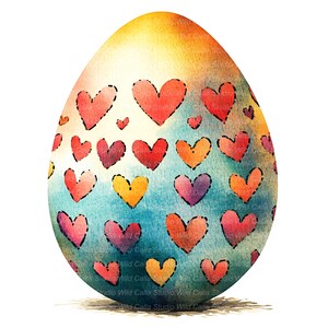 Pode incluir: Um design de ovo de Páscoa em aquarela com um gradiente de amarelo, laranja e azul. O ovo é decorado com corações costurados em várias cores, incluindo vermelho, laranja e roxo. O design tem um toque artesanal e artístico.