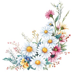 Puede incluir: Ilustración en acuarela de un arreglo floral con margaritas blancas con centros amarillos, flores rosas, azules y amarillas, y follaje verde. Las flores están dispuestas en un diseño de esquina sobre un fondo blanco.