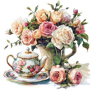 Könnte beinhalten: Aquarell-Illustration eines Teeservices und eines Rosenstraußes. Teekanne und Untertasse sind mit floralen Mustern verziert. Die Rosen sind in Rosa, Pfirsich und Weiß gehalten und in einer Vase arrangiert. Das Bild hat einen Vintage- und romantischen Stil.