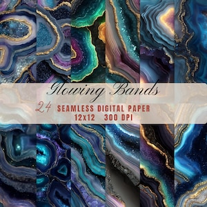May include: A collection of 24 seamless digital papers, each 12x12 inches, featuring abstract designs resembling glowing agate slices. The papers showcase a variety of colors, including teal, purple, gold, and blue, with a shimmering effect. The text "Glowing Bands" is displayed.