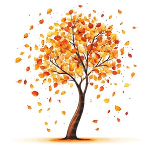 Puede incluir: Ilustración en acuarela de un árbol con tronco y ramas marrones, cubierto de hojas naranjas y amarillas. Algunas hojas caen, creando una sensación de movimiento. El fondo blanco resalta los colores otoñales del árbol.