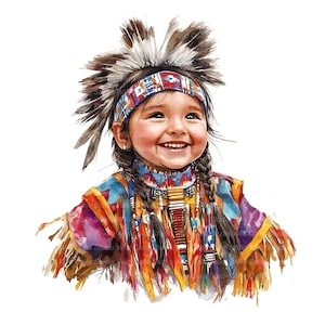 Puede incluir: Ilustración en acuarela de un niño sonriente con un tocado nativo americano con plumas y una diadema de cuentas. El niño también lleva un collar de cuentas colorido y un chal con flecos en tonos rojos, azules y amarillos.