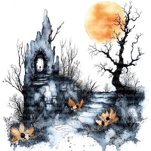 Halloween Watercolor Clipart, Haunted Spring Scene (16 High-Res JPGs)