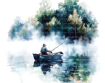 Vissen Lake serene clipart aquarel set, natuurtaferelen (14 jpg's, 300 DPI, digitaal plakboek)