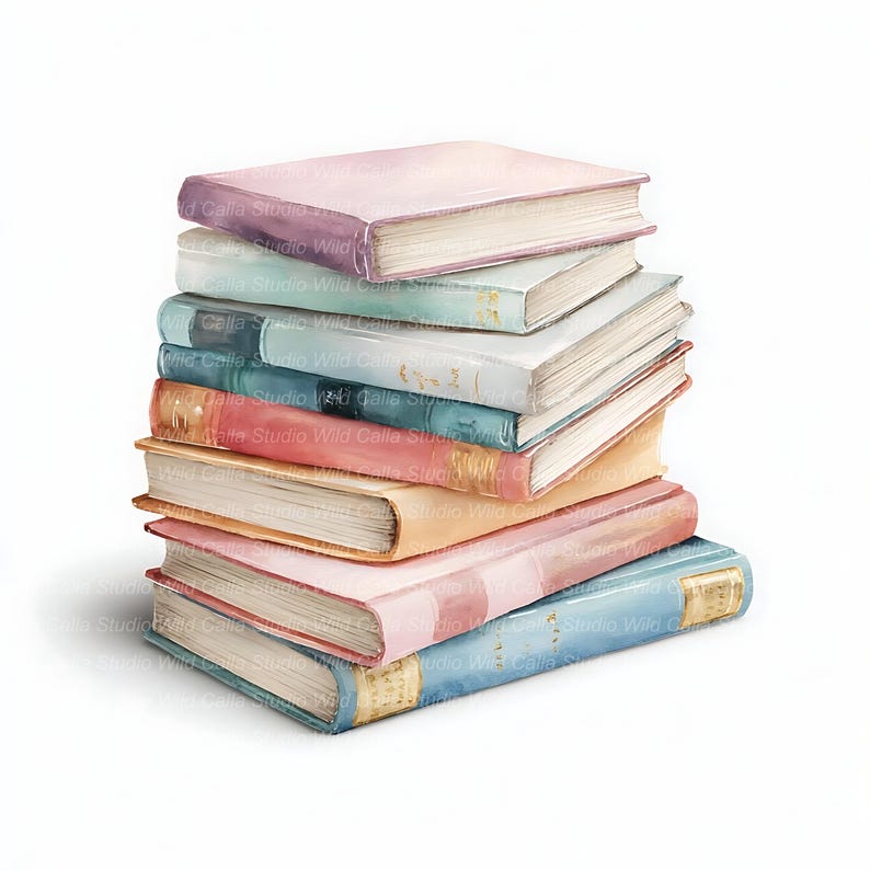 14 Watercolor Book Stack Cliparts: Pastel Junk Journal Art image 10