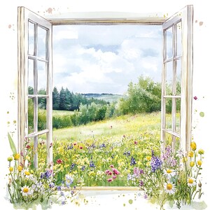 May include: Watercolor painting of an open window overlooking a vibrant meadow. The window frame is white, and the view includes a field of wildflowers in shades of yellow, purple, and pink, with a backdrop of green trees and a cloudy sky.