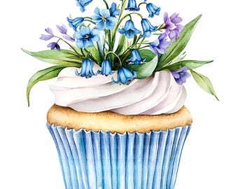 Birthday Cupcake Clipart: Bluebell Floral Watercolor - Digital Download