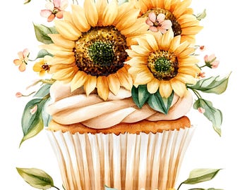 Birthday Cupcake Clipart Set: Sunflower Floral Watercolor - Digital Download