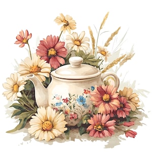May include: A watercolor illustration of a cream-colored teapot surrounded by colorful flowers. The teapot is decorated with small floral patterns. The flowers include daisies in shades of pink, yellow, and white, with green leaves and wheat stalks.