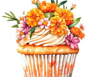 Marigold Floral Birthday Cupcake Clipart - Watercolor Cake Digital Art