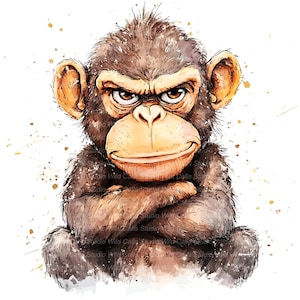 May include: Watercolor illustration of a chimpanzee with an intense expression. The monkey has brown fur, a tan face, and crossed arms. Gold paint splatters accent the white background. The image has the text "Studio Wild Calla Studio".