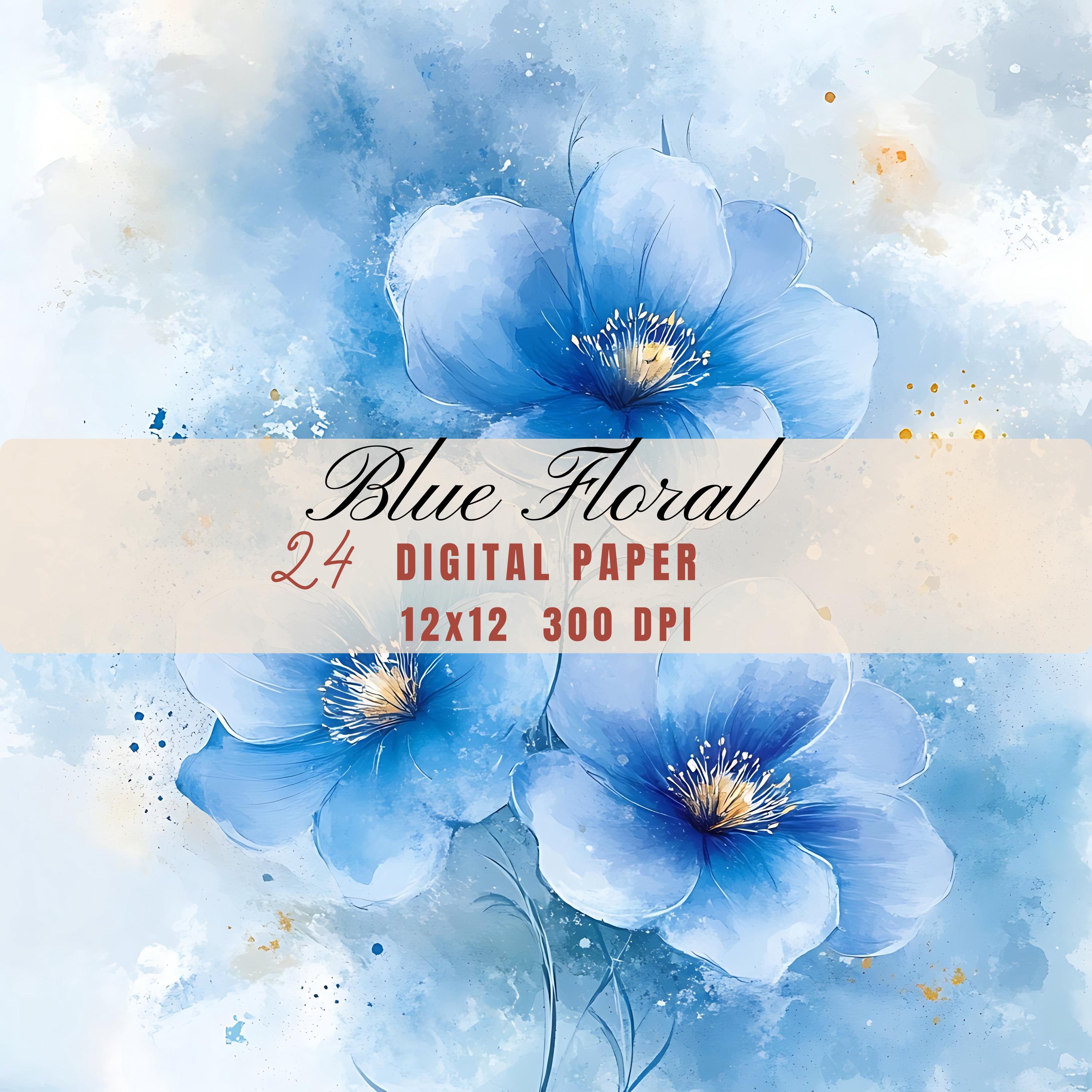 Digital Paper Pack: Blue Watercolor Flowers - Floral Scrapbook ...