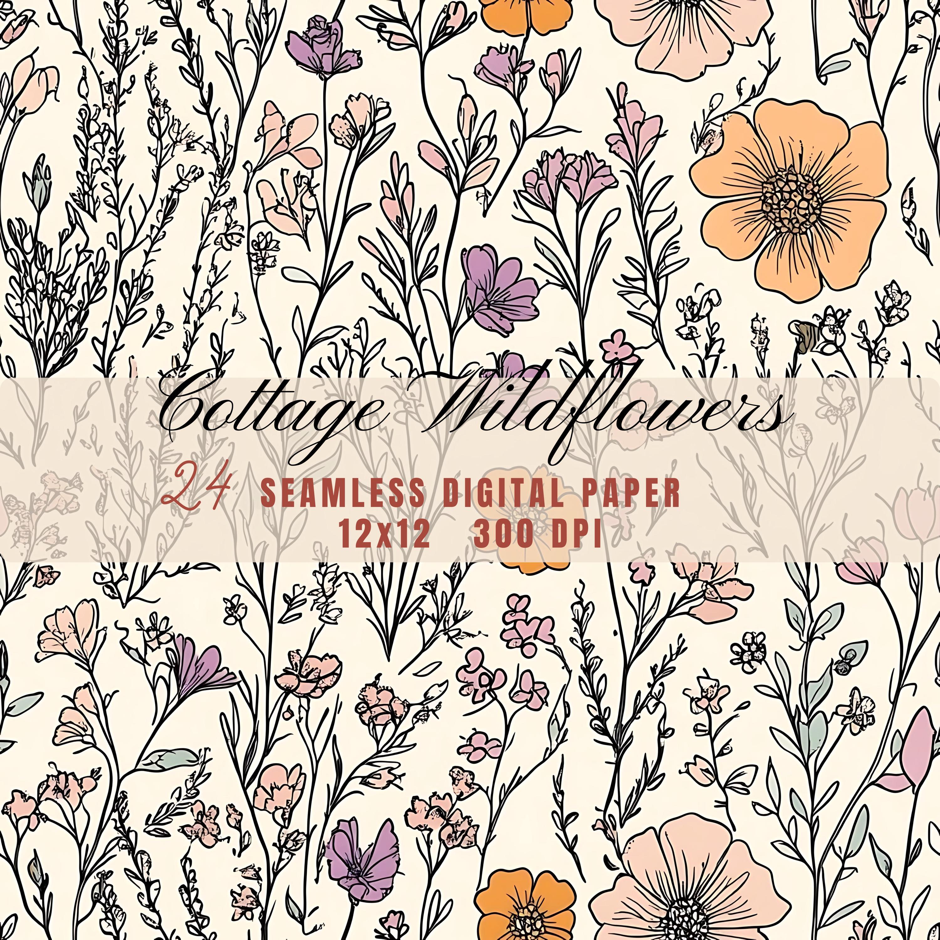 Rustic Cottagecore Wildflowers Pattern Digital Paper, Pastel Doodle Art ...