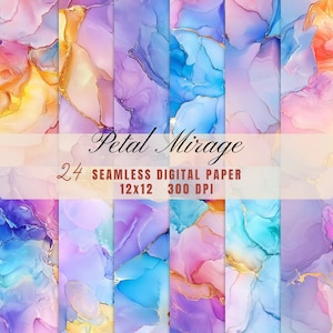 May include: A collection of 24 seamless digital papers, each 12x12 inches at 300 DPI, featuring abstract designs. The papers showcase a variety of colors, including pink, purple, blue, and gold, with a watercolor effect. The text "Petal Mirage" is displayed.