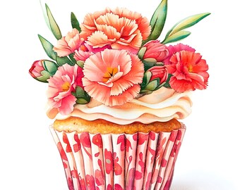 Birthday Cupcake Clipart: Carnation Floral Watercolor - Digital Download