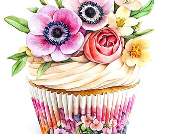 Floral Birthday Cupcake Clipart - Anemone Watercolor Cake Art Set