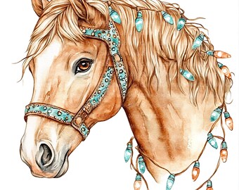 Clipart de Cavalos Rústicos para o Natal: Desenhos Natalinos em Aquarela (Download Digital)