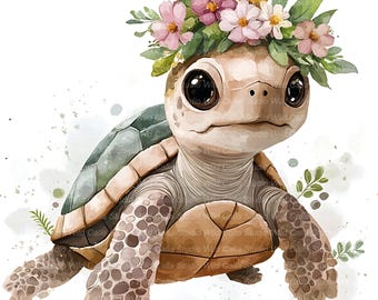 Clipart floral lunatique de tortue, animaux de ressort d'aquarelle (13 JPGs)