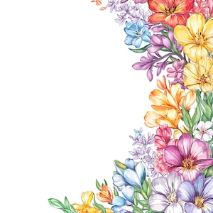 May include: Watercolor illustration of a floral arrangement. The design features a variety of flowers in shades of red, yellow, orange, purple, and blue, with green leaves. The flowers are arranged in a corner design against a white background.