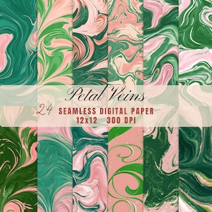 May include: Digital paper pack featuring 24 seamless designs with a swirling, marbled effect. The color palette includes shades of green, pink, and white. The text "Petal Veins" and details about the paper size and resolution are also visible.