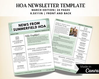 Edytowalny szablon biuletynu Canva na marzec HOA (do pobrania w wersji cyfrowej)
